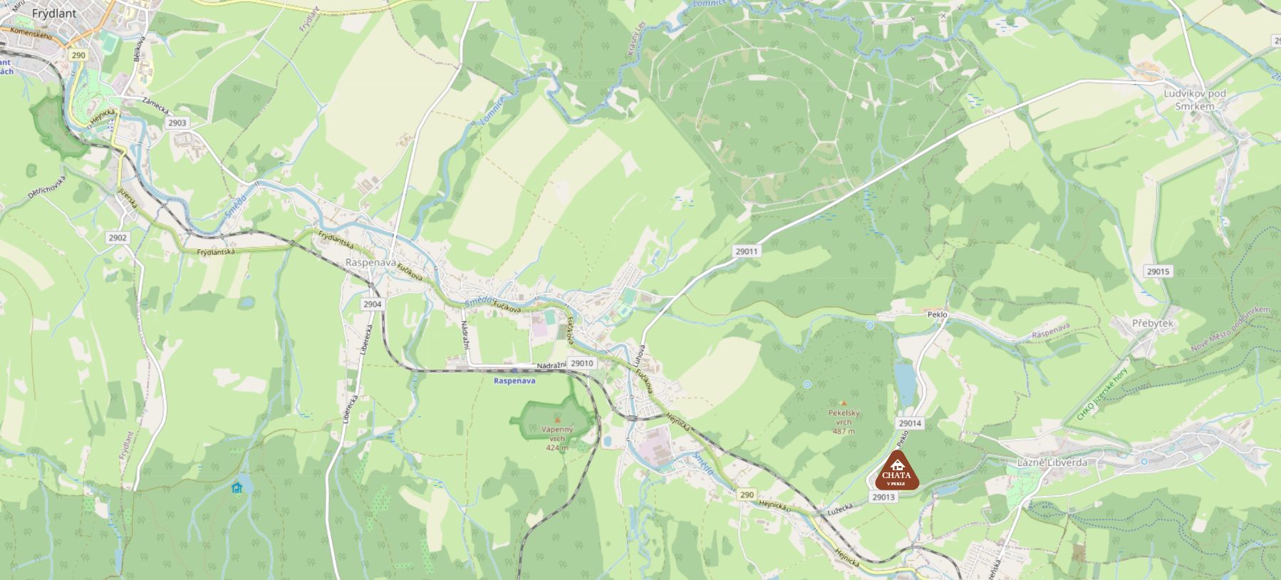 Mapa okolí obce Peklo s polohou chaty